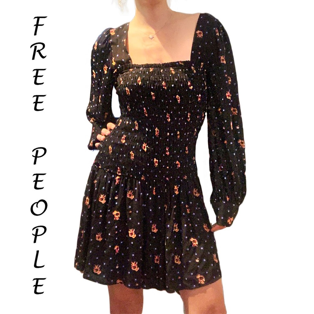 NWT Free People Black combo floral print two Faces Mini Dress - Picture 5 of 9